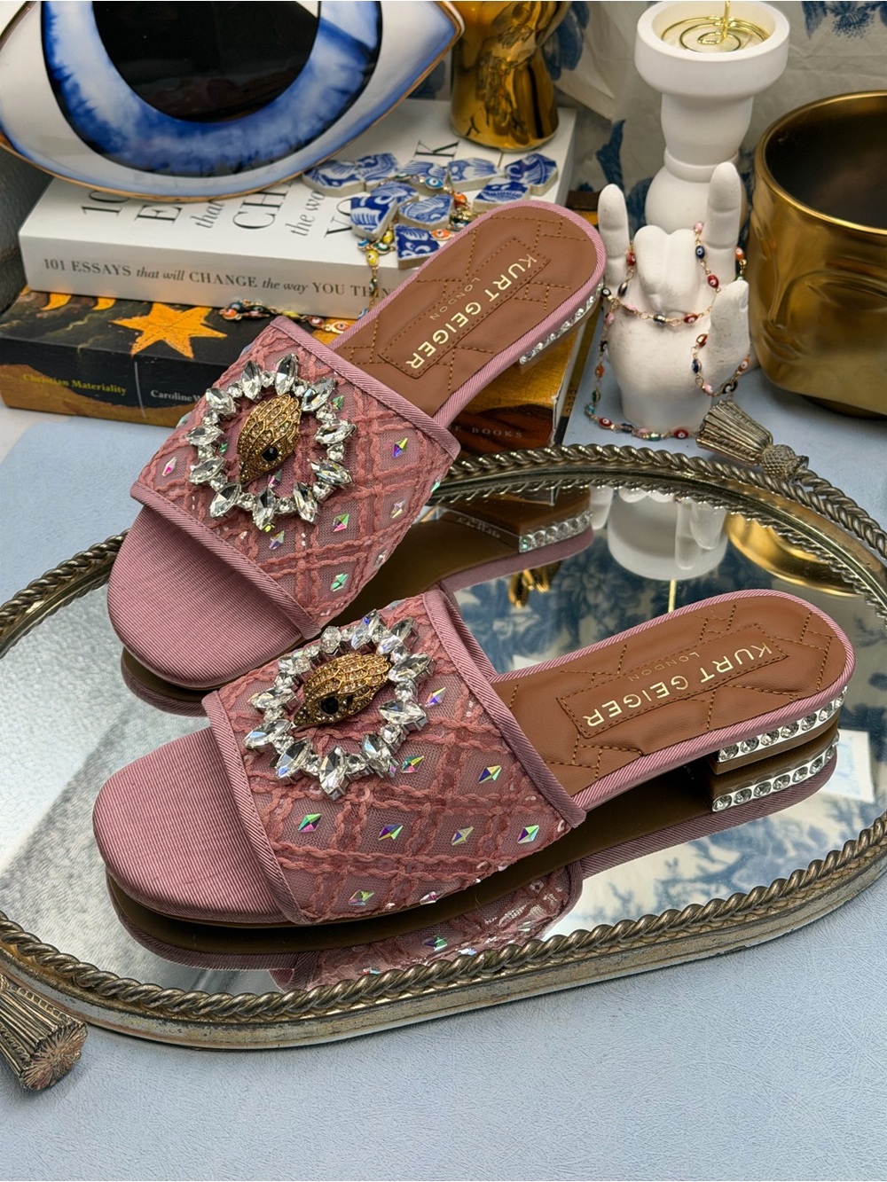 🆕 KURT GEIGER LONDON 🧿 NWOB Chelsea Flat Sandal, Pink Mesh Crystal, Sz 37 US 7 - Picture 9 of 14